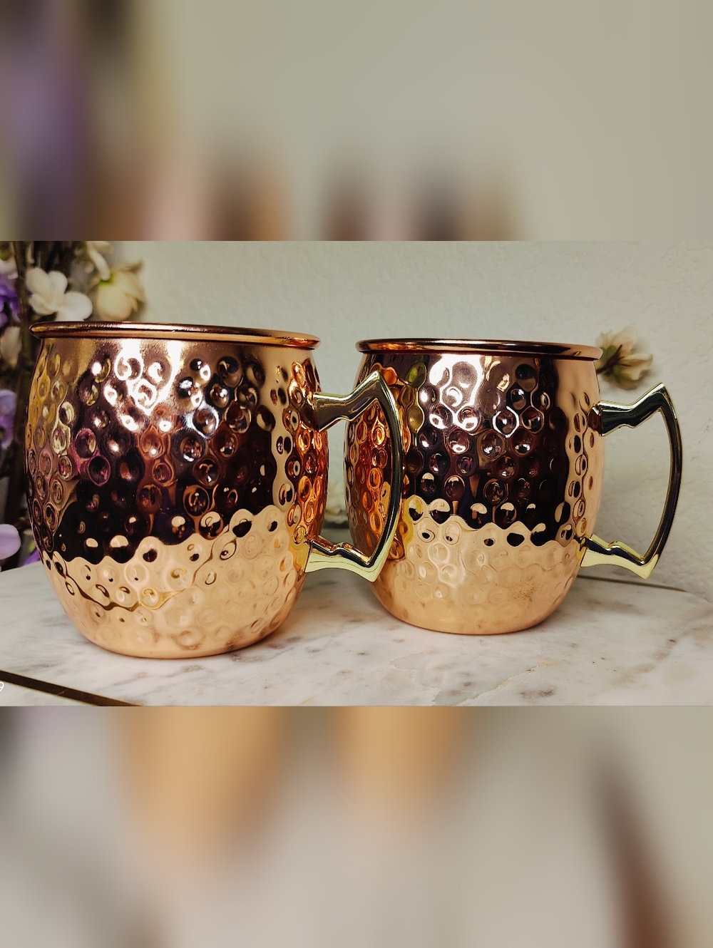 Set of 2 Hammered Copper Coffee Mugs With Brass Handles Cocktail Mugs